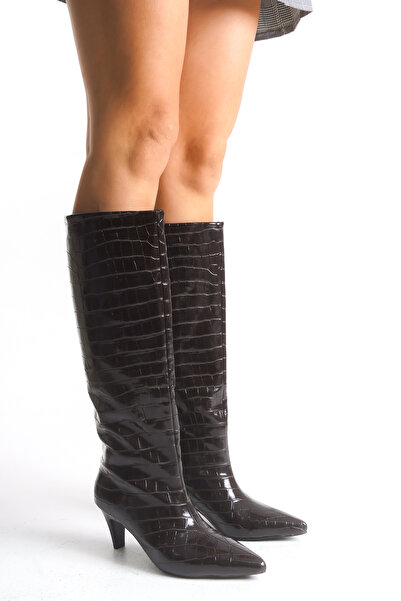 Ayakkabı Delisiyim Γυναικείες μπότες με μίνι τακούνι λουστρίνι καφέ με σχέδιο κροκόδειλου Άνετη αντιολισθητική σόλα Luna