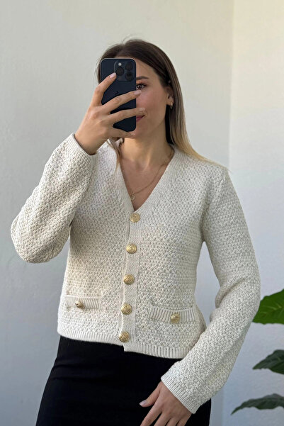 Kubos Moda Gold Button Detail Pocketed Ecru Cardigan