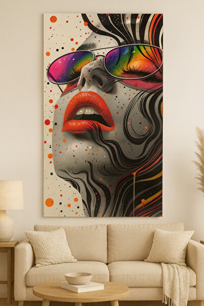 BLT DİZAYN Pop Art Glass Painting with Colorful Glasses and Red Lips Design – Trendy Living Room Decor