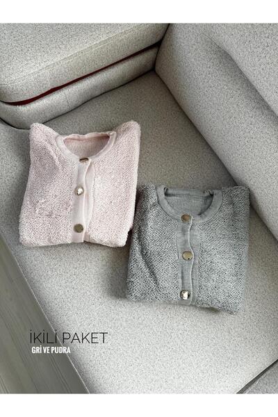 FİOXCO Women's Gold Buttoned Crew Neck Towel Double Pack Cardigan