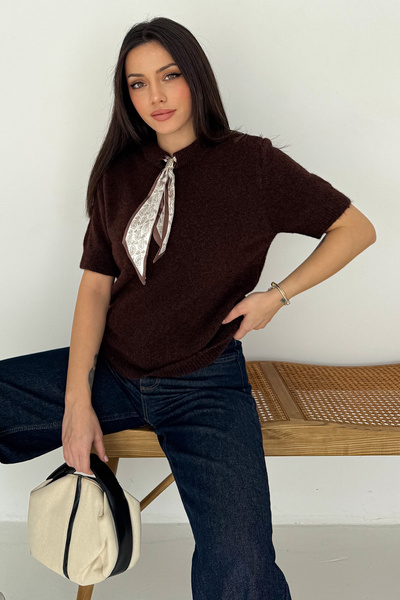 Noa Noa Women's Short Sleeve Scarf Detailed Knitwear Sweater – Soft Elegance