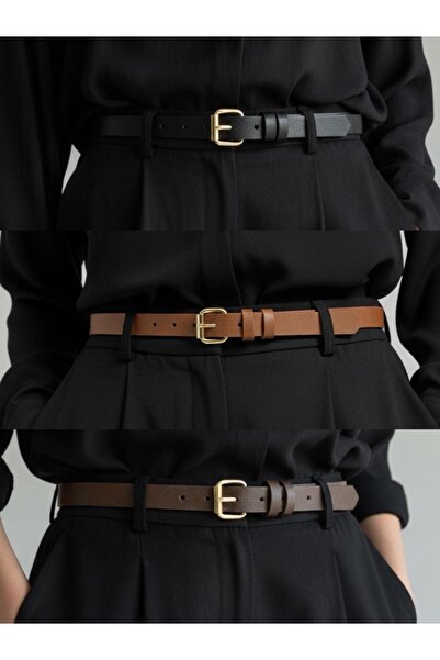 Gesa Women's Gold Buckle Thin 3-Piece Belt Set Black-Tan-Brown