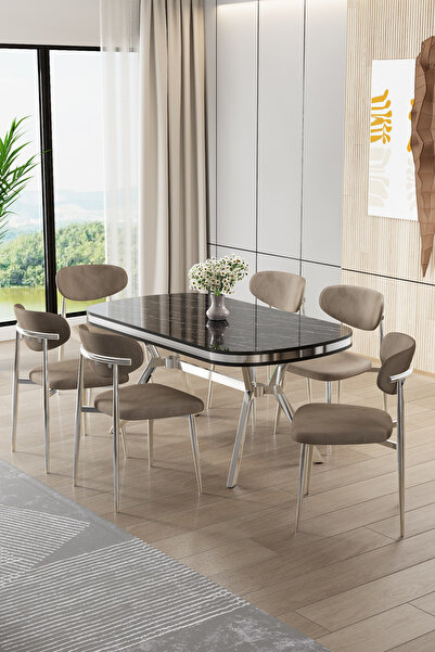 Canisa Olya Serisi 90x168 Lak Panel Sonata Masa Takımı Krom Ayaklı 6 Cappucin...
