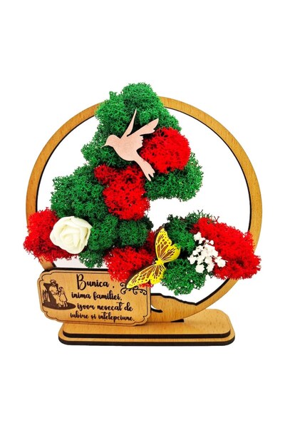 OEM Decorative Frame - Bonsai with Stabilized Lichens and Decorative Accents - Message for Grandma