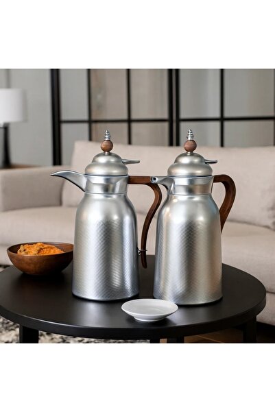Dania Ola Thermos Set for Tea and Coffee, 2 Pieces, Matte Silver, Wooden Handle, 1 Liter, Glass Interior