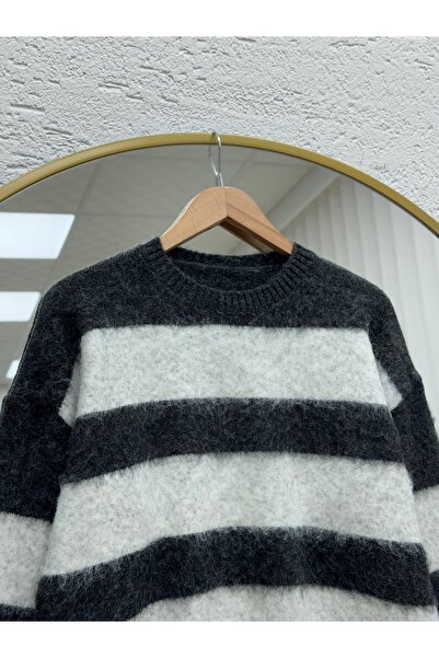 MİHRA STORE Fhiona Thick Striped Bearded Sweater-Zi̇7029 Anthracite