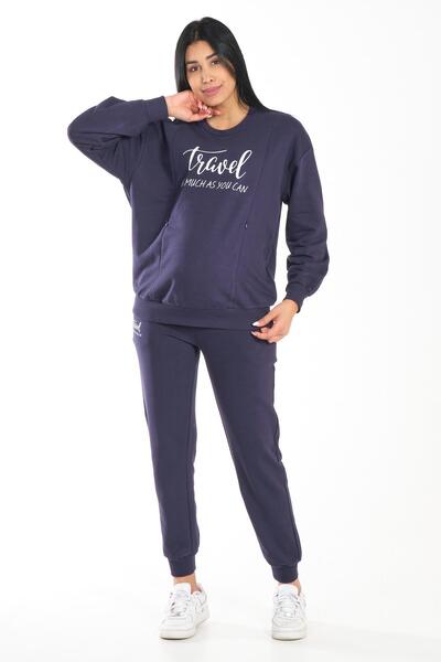 BUSA Pregnant Printed Breastfeeding Detailed Three Thread Tracksuit Set Dark Blue
