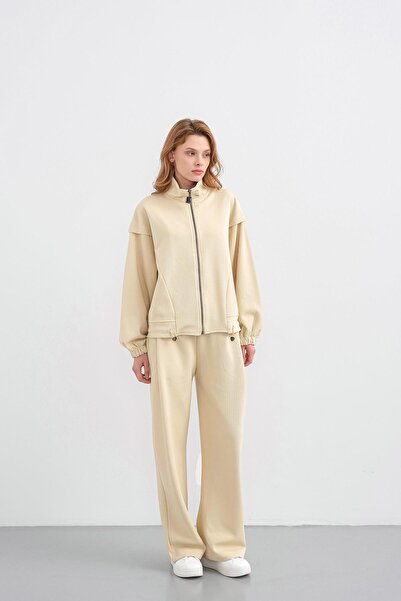 Basicpark Yellow Women's Pique Textured Waist Adjustable Zipper Detailed Wide Leg Top and Bottom Set