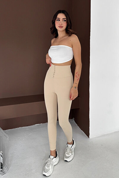 AsprinFashion Leggings material reiat cu detaliu de corset la talie, cremă