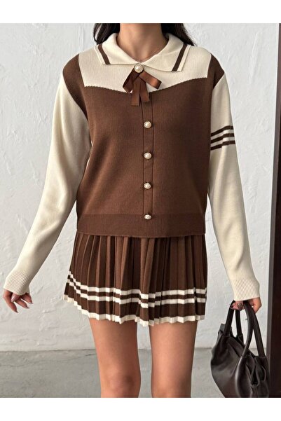 alenmoda Gold Buttoned Polo Neck Ribbon Detailed Knitwear Bottom-Top Set