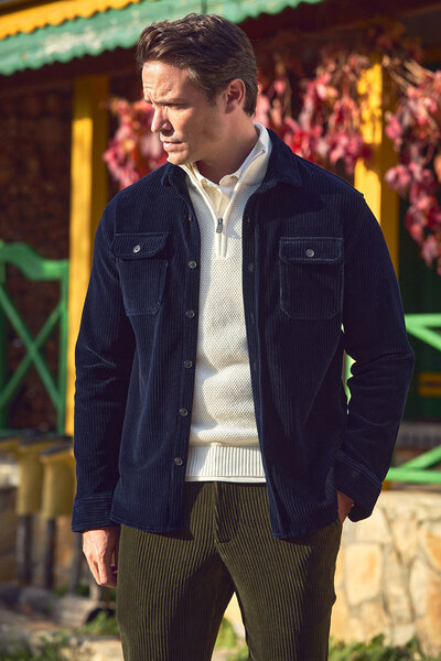 SMILE Gunnar Navy Blue Cotton Velvet Outer Shirt