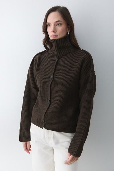 Laluvia Acı Kahve Mock Neck Cardigan with Epaulettes - 2028