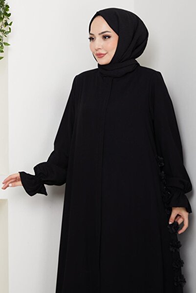 hafsamina Floral Detailed Ferace with Flared Sleeves Black Hm2855