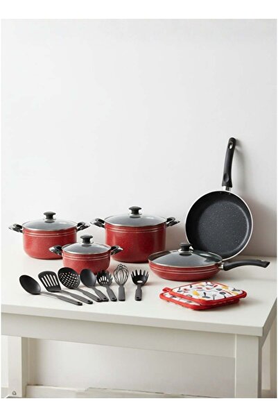 SUPPLIER 18-Piece Non-Stick Cookware Set – Red | Pans, Pots with Glass Lids, 5 Nylon Utensils & Oven Mitts