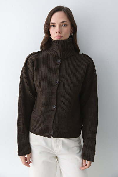 Laluvia Acı Kahve Mock Neck Cardigan with Epaulettes - 2028