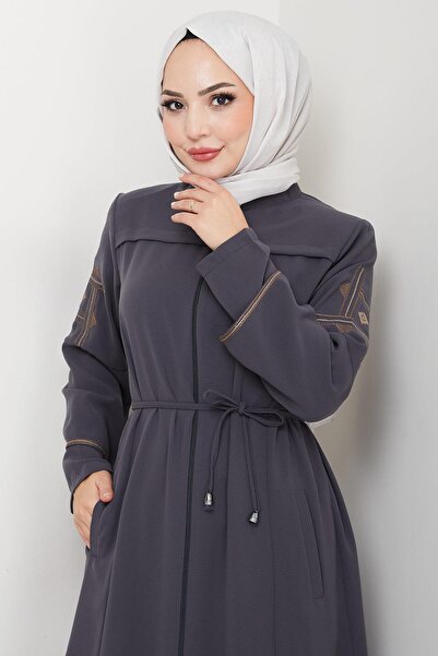 hafsamina Lace-Up Sleeve Embroidered Ferace Smoked Hm2854