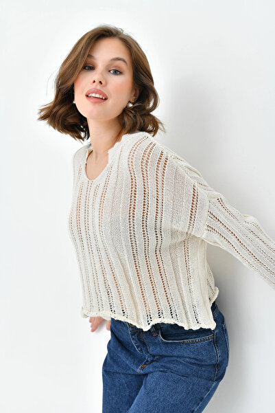 Park Karon Women's Mock Neck Knitted Detailed Crop Knitwear Sweater