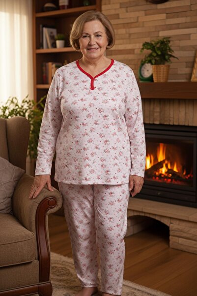 Niket Life Women's Patterned Piping Collar Long Sleeve Long Length Combed Cotton Mother Pajama Set