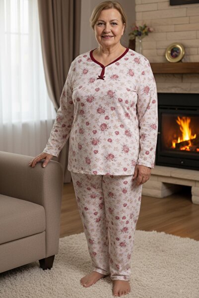 Niket Life Women's Patterned Piping Collar Long Sleeve Long Length Combed Cotton Mother Pajama Set