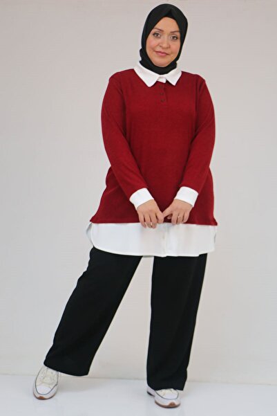 Eslina 58159 Plus Size Jeans Paneled Mir Tunic - Claret Red