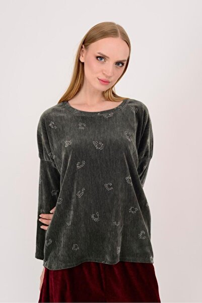 Park Moda 25584 Stone Embroidered Taupe Velvet Blouse
