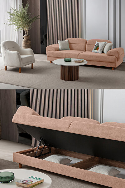 Eymense Lizbon Yataklı Sandıklı Koltuk Takımı 3+1 Pembe