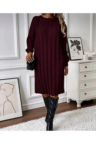 Serenay Atelier Γυναικείο πλεκτό φόρεμα με φαρδύ λαιμόκοψη κοτλέ με μακριά μανίκια