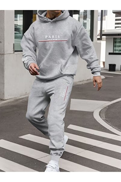 ship master Paris Printed Men's Fleece-Lined 2-Piece Tracksuit Set |   Comfortable Street & Sports Style Winter