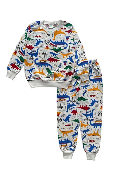 Şekerkids Boy's Cotton Two-Thread Sh Fleece-Lined White Color Dinosaur Pattern Pajama Set