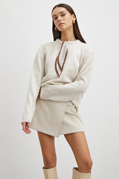 Never more Long Sleeve Sweater with Scarf Ecru