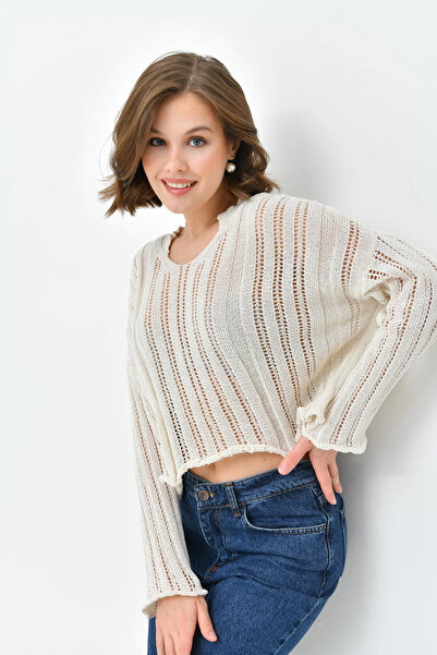 Park Karon Women's Mock Neck Knitted Detailed Crop Knitwear Sweater