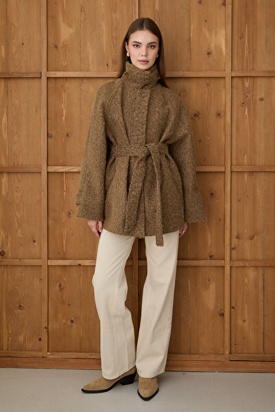 JASTE Women's Mock Neck Button Belted Cashmere Coat