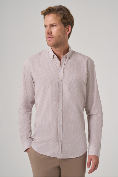 Morven Men's Beige Cotton Trend Striped Dynamic Fit Buttoned Collar Shirt