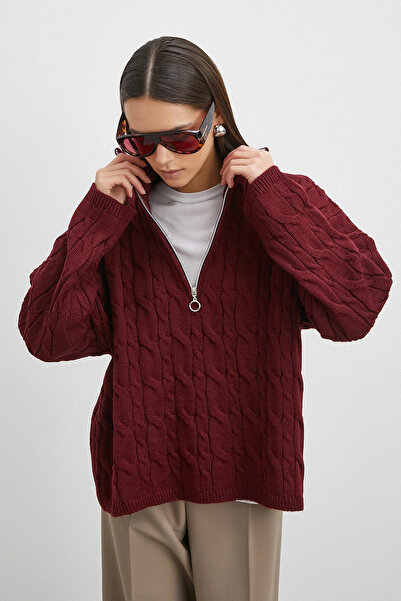 Never more Hair Braided Half Zipper Sweater Burgundy