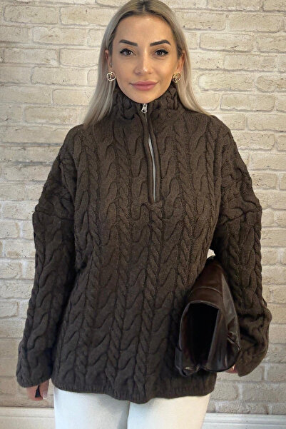 Muna Boutique Brown Zippered Turtleneck Tirko Sweater with Braided Hair