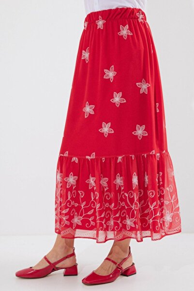 Meleners 8010 Patterned Chiffon Skirt - A. Red