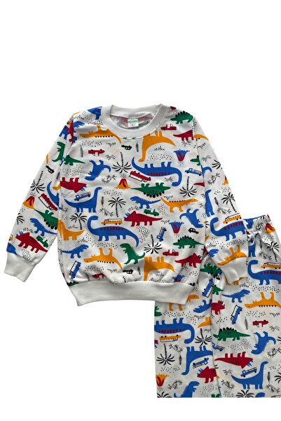 Şekerkids Boy's Cotton Two-Thread Sh Fleece-Lined White Color Dinosaur Pattern Pajama Set