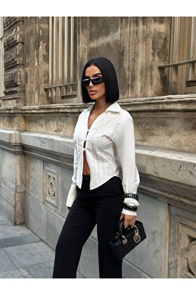 MY DEPO Women's Button Detail Low-Cut Sleeve Cuffed Poplin Shirt with Stitching