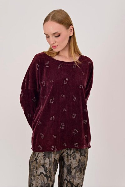Park Moda 25584 Stone Embroidered Taupe Velvet Blouse