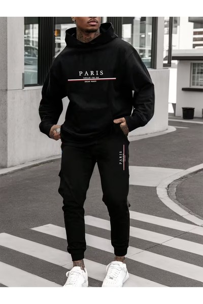 ship master Set de trening din cu imprimeu piese pentru bărbați Paris, căptușit cu lână |   Stil confortabil de stradă și sport de iarnă