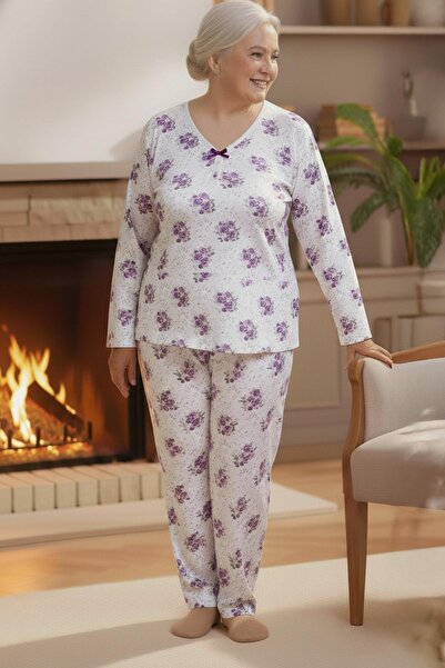 Niket Life Women's Patterned Piping Collar Long Sleeve Long Length Combed Cotton Mother Pajama Set