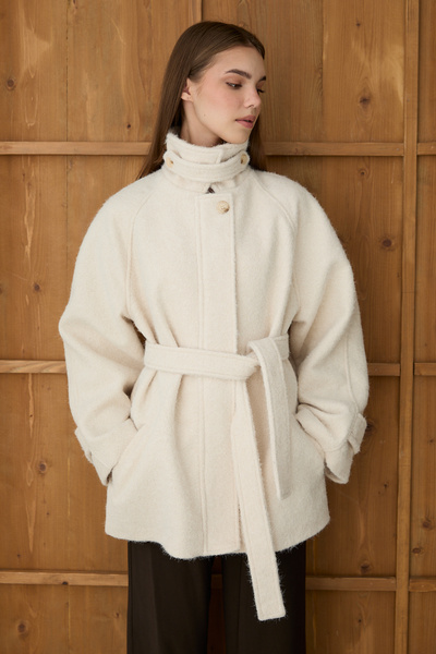 JASTE Women's Mock Neck Button Belted Cashmere Coat