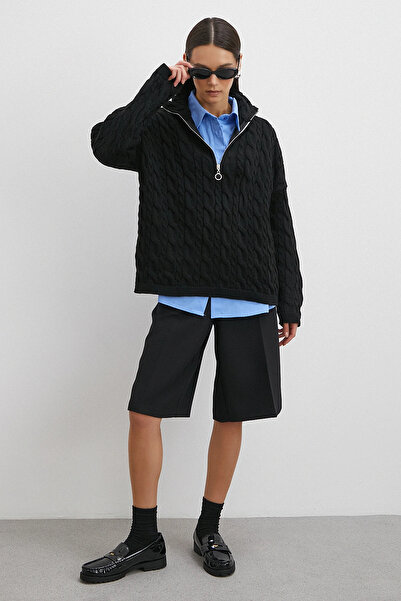 Never more Πουλόβερ με μισό φερμουάρ με πλεκτά μαλλιά μαύρο