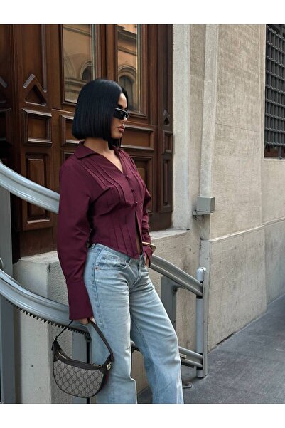 MY DEPO Women's Button Detail Low-Cut Sleeve Cuffed Poplin Shirt with Stitching