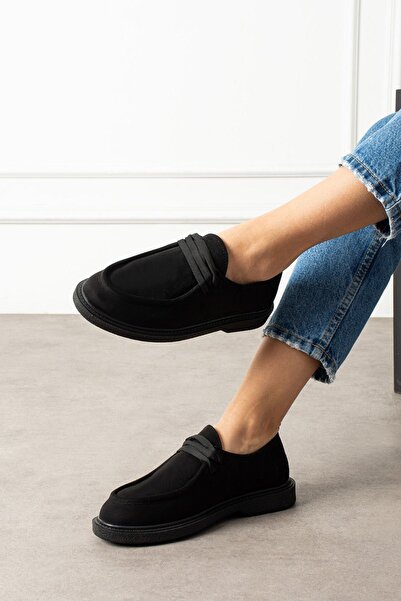 FUGA MODA Vareon Black Suede Lace-Up Thick Sole Detailed Loafer Ballet Casual Shoes