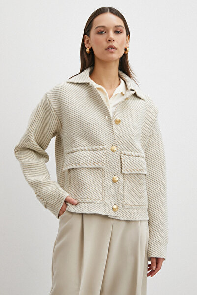 Never more Polo Collar Pocketed Gold Buttoned Jacket Cream