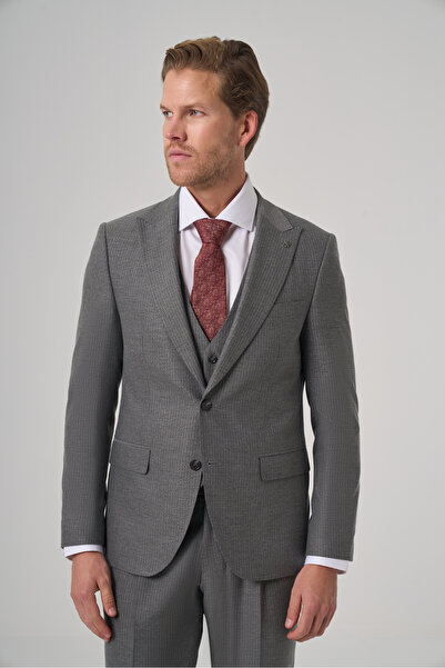 Morven Men's Gray Polyviscon Trend Striped Slim Fit Point Collar Suit