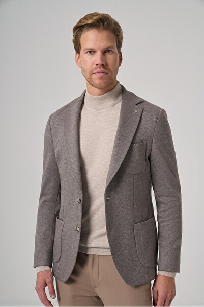 Morven Men's Gray Knitted Trend Patterned Slim Fit Mono Collar Jacket