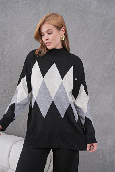 Park Karon Women's Mock Neck Patterned Slit Sweater Trousers Two-Piece Knitwear Set