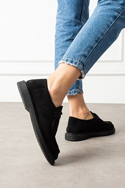 FUGA MODA Vareon Black Suede Lace-Up Thick Sole Detailed Loafer Ballet Casual Shoes